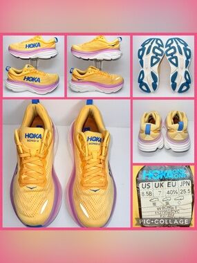 HOKA BONDI 8 Yellow Running Shoes with Pink Gradient Midsole
